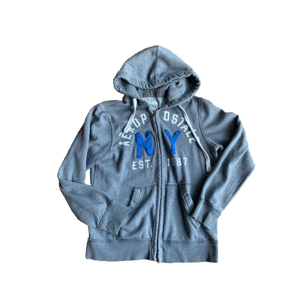 Aeropostale Y2K Mens Gray Full Zip Hoodie NY 1987 Logo 2011 Medium Distressed